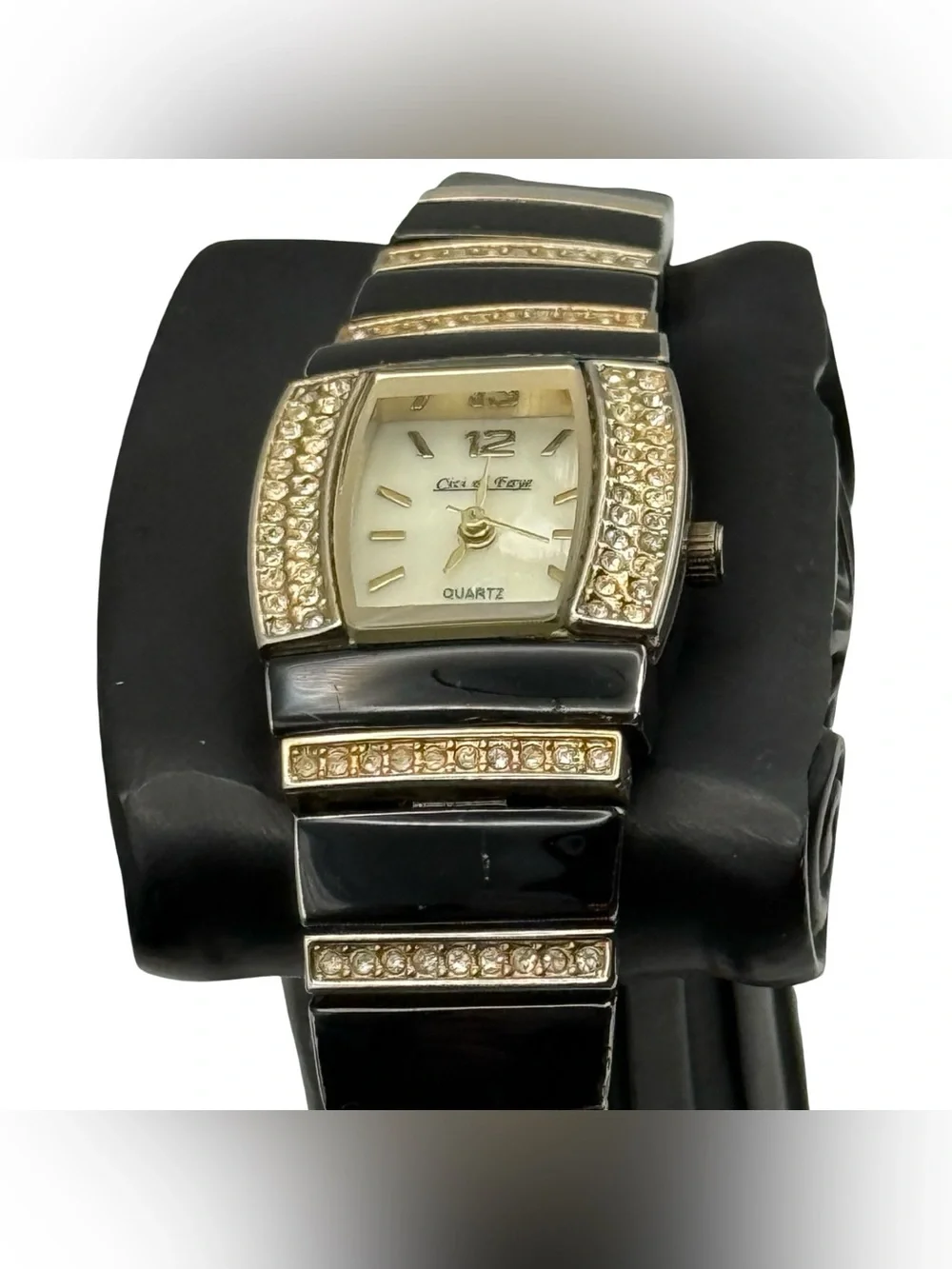 Cici & Faye Women's Quartz Watch Black Gold Tonneau Case Rhinestone Link Band